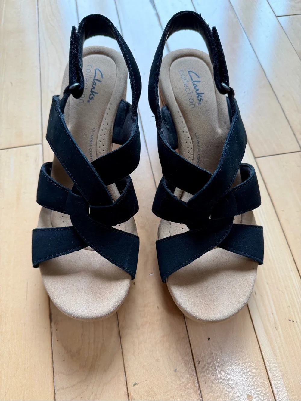 Clarks Black Crisscross Cork Wedge Sandals